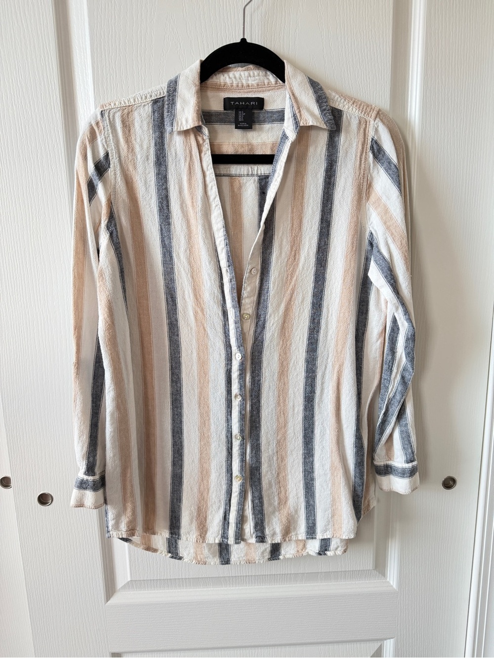 Tahari Striped Button-Down Shirt in Cream & Navy